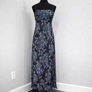 Vintage 90s Y2K Beaded Floral Mesh Maxi Slip Dress Gray Black
